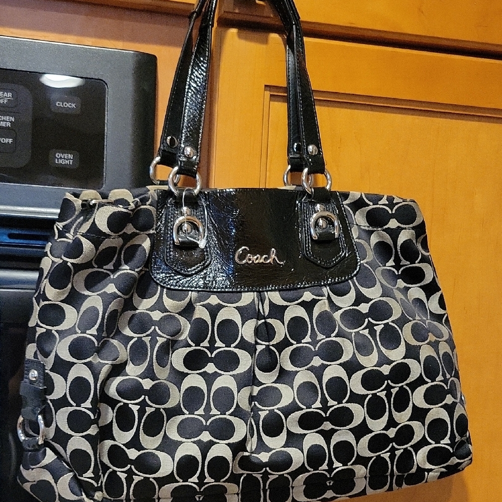 Coach Black and Tan Signature Logo Tote With Shoulder Strap